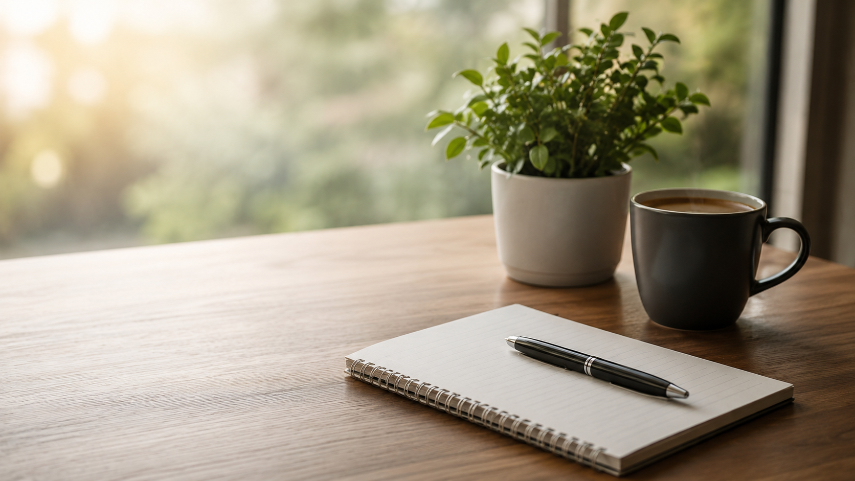 Open notebook and pen on a desk representing faith, reflection, and professional growth in the workplace