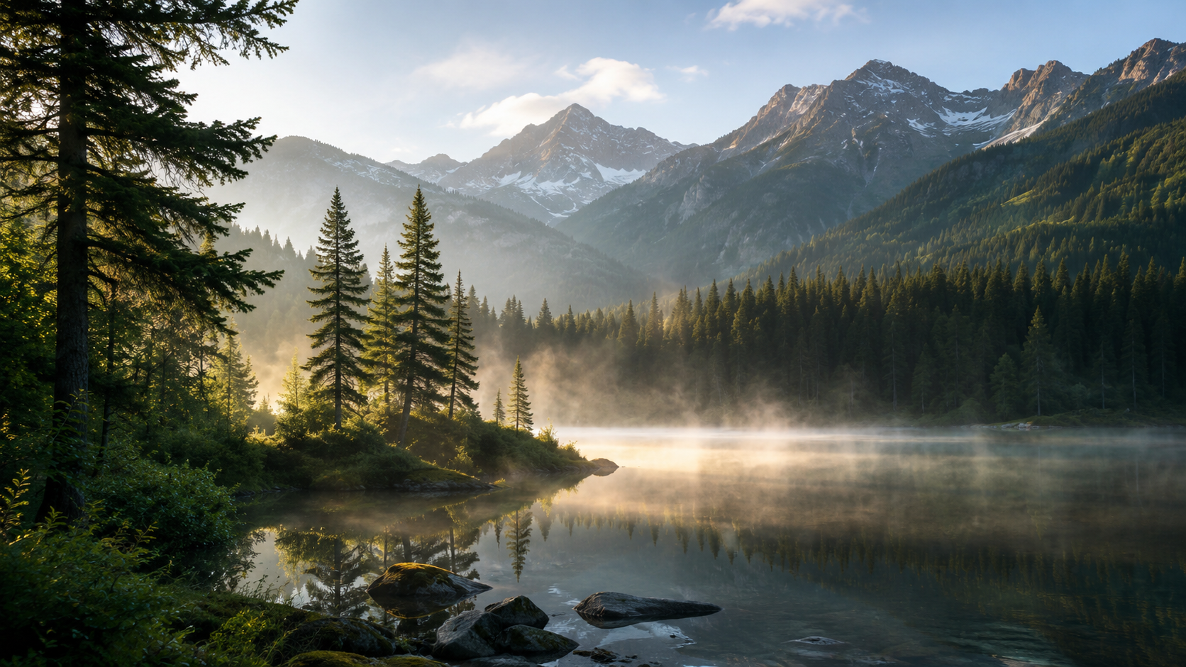 Serene mountain lake landscape symbolizing reflection, leadership, and workplace well-being.
