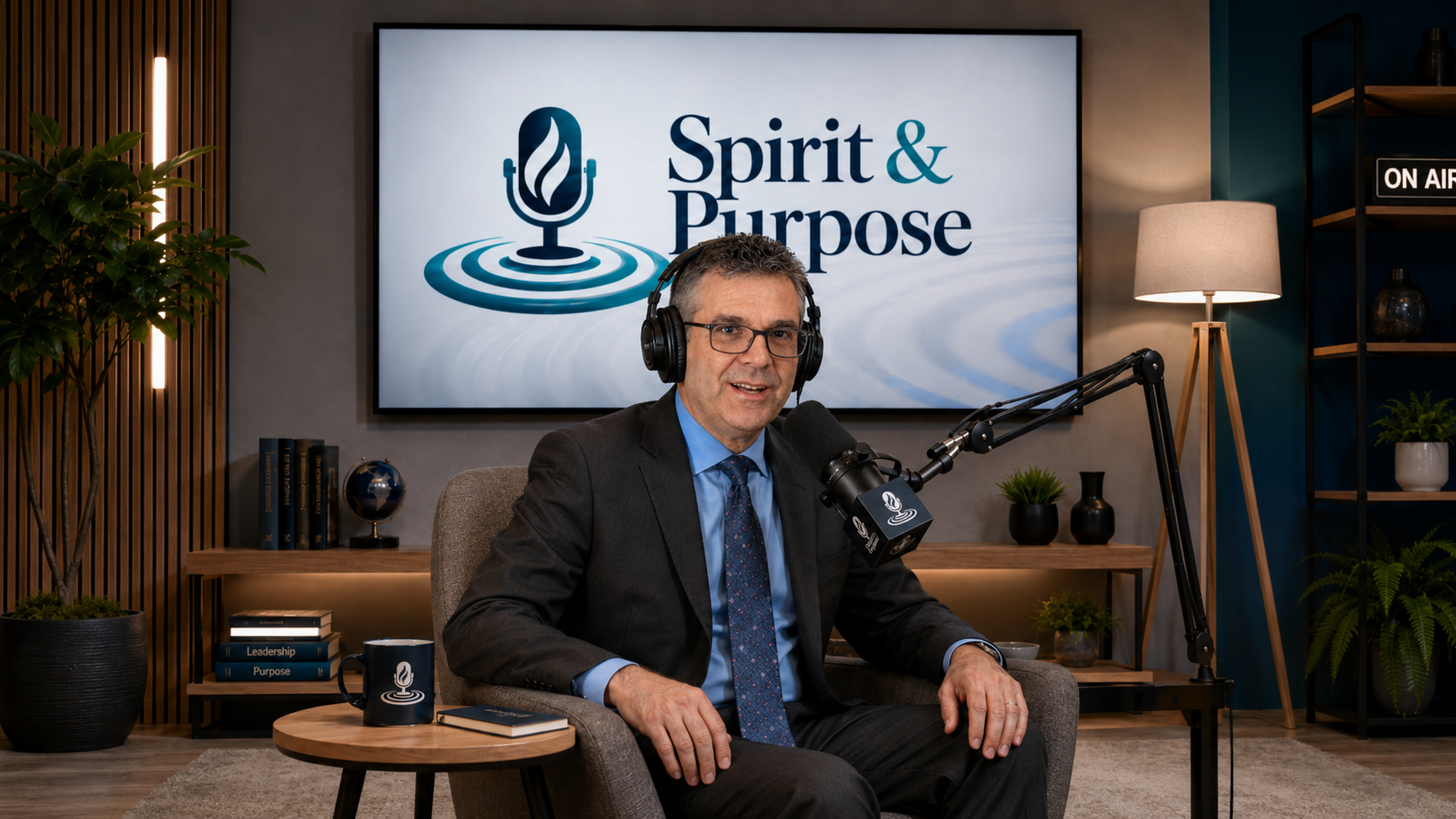 Spirit & Purpose Podcast host recording an interview in the studio discussing faith, leadership, workplace chaplaincy, and purpose-driven living