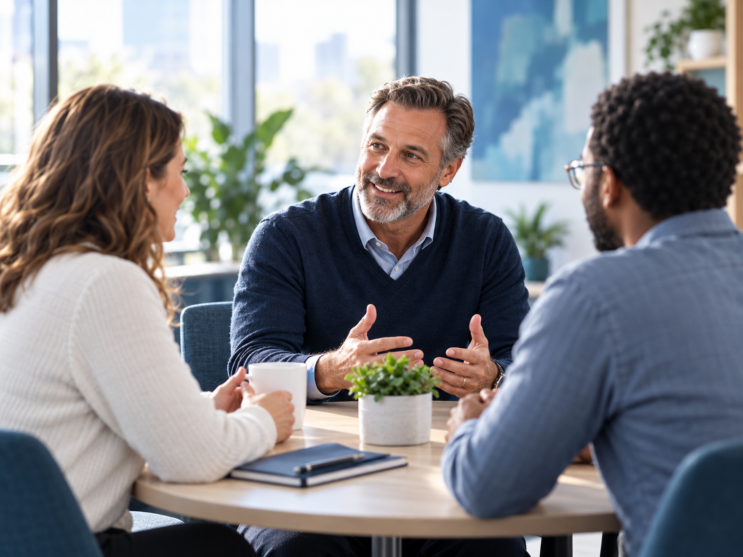 Workplace chaplain speaking with employees during a supportive conversation, representing SpiritWell Workplace employee care, leadership support, and workplace chaplaincy services.