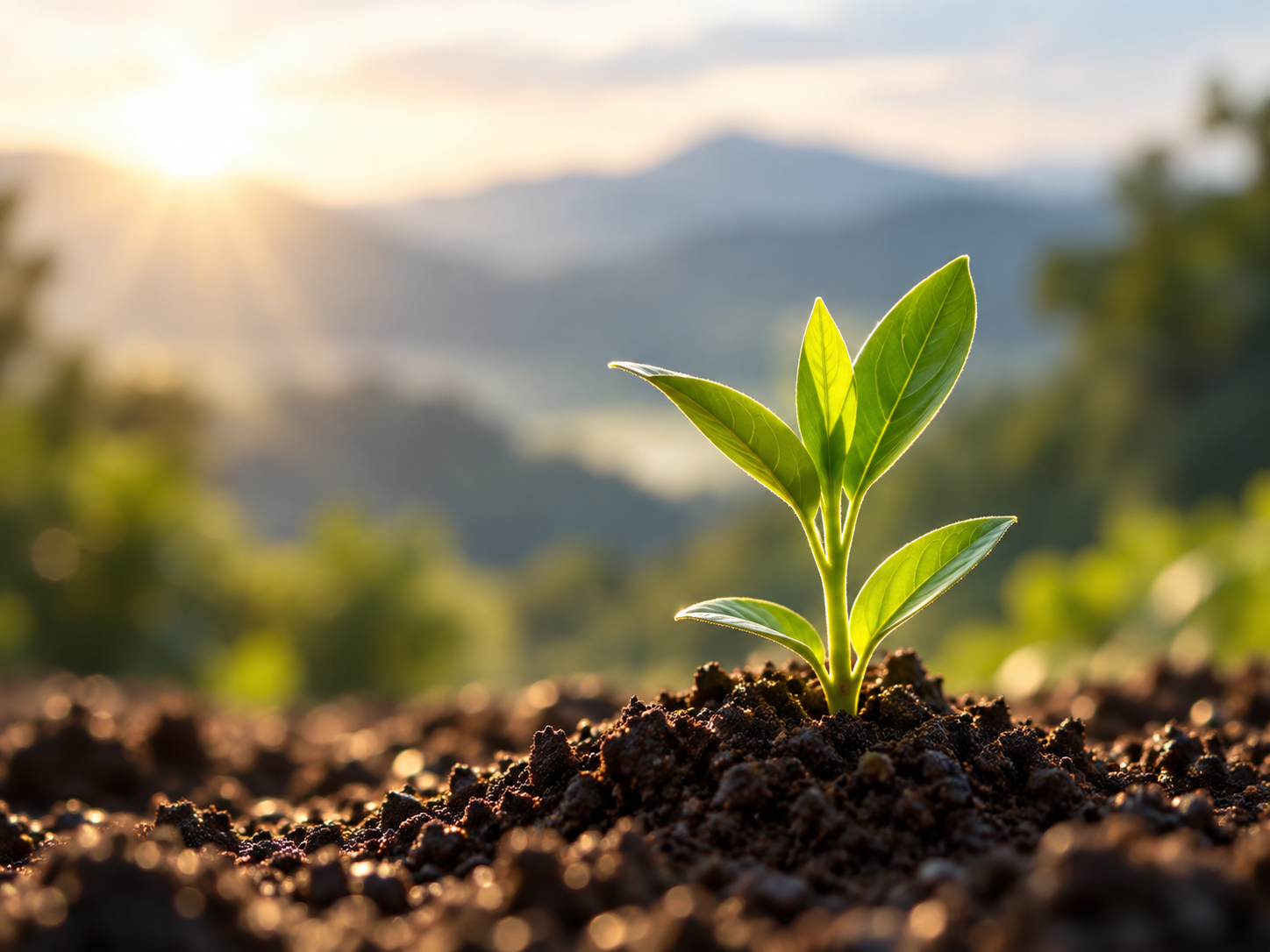 Young plant growing from soil with the message "Hope Changes Workplaces," symbolizing employee care, workplace chaplaincy, personal growth, resilience, and organizational well-being.